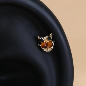 14K Solid Gold Owl Tiger Eye Earring Tiny Black Spinel Stud Animal Motif Pattern Gemstone Flat Back Earring Animal Piercing Gift for Kid