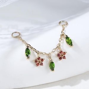 Catena pendente in oro massiccio 14 carati con diopside cromato e zaffiro arancione, con pietre preziose, per orecchini, per piercing alla cartilagine e all'elica.