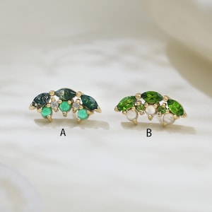 14K Solid Gold Moss Agate Ear Climber Earring Chrome Diopside Ear Crawler Cartilage Helix Conch Threadless Push Stud Hidden Helix Jewelry