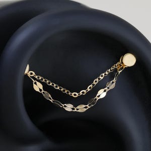 14K Solid Gold Double Chain Attachment Conch Dangle Chain Ear Jacket Minimalist Cartilage Helix Drape Chain Connector Industrial Piercing