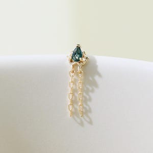 14K Solid Gold Moss Agate Double Chain Dangle Earring Gemstone Chain Drop Earlobe Cartilage Push Flat Back Stud Handmade Piercing Gift