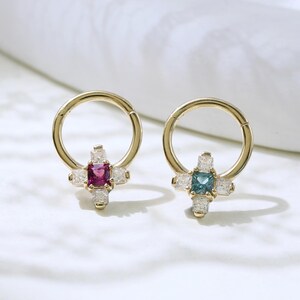 14K Solid Gold Floral Alexandrite Hoop Earring Rhodolite Quatrefoil Nose Ring Single Flower Septum Clicker Cartilage Daith Hoop 8mm*5.5mm