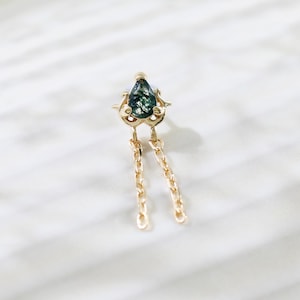 14 kt massief gouden mosagaat oorbel met dubbele ketting – Kraakbeen piercingsieraden met platte achterkant