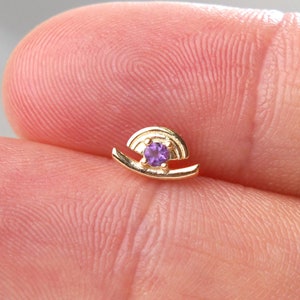14K Solid Gold Amethyst Stud Earring Fancy Fan Shape Helix Cartilage Earlobe Labret Stud Tiny Piercing Jewelry Gemstone Threadless Push Stud