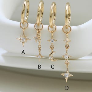14K Solid Gold Moissanite Dangle Star ＆ Moon Charm Earring Celestial Cartilage Helix Lobe Conch Tragus Rook Charm Connector Piercing Jewelry