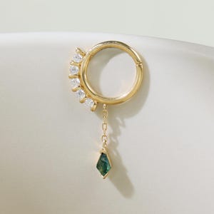 14K Solid Gold Kite Moss Agate Dangle Hoop Earring Moissanite Fan-Shaped Cartilage Helix Rook Lobe Tragus Clicker Ring Handmade Piercing 16g