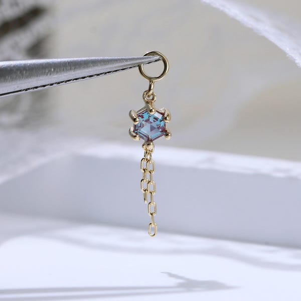 14K Solid Gold Alexandrite Dangle Chain Charm Dainty Drop Gemstone Cartilage Helix Rook Hoop Clicker Charm Double Chain Charm Attachment