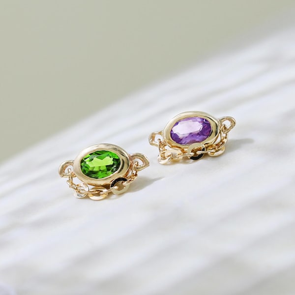 Orecchino pendente a catena in cromo diopside in oro massiccio 14k, ametista, a forma di perno, pietra preziosa, cartilagine, elica, trago, conchiglia, piercing senza filettatura