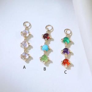 14K Solid Gold Moonstone Garnet Jade Turquoise Amethyst Red Chrysoprase Triple Charm Multiple Color Gemstone Cartilage Helix Rook Hoop Charm