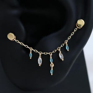 Pendiente colgante de cadena de cable de oro macizo de 14 quilates con labradorita y ágata azul para piercing de septum, nariz, cartílago, hélix, lóbulo de la oreja, concha y tragus.