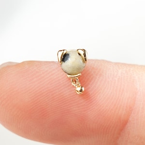 14K Solid Gold Dalmatian Jasper Stud Earring Spotted Dog Dangle Stud Dainty Piercing Jewelry Gemstone Threadless Push Stud Cartilage Labret