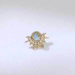 14K Solid Gold Moonstone Sunburst Earring Half Sun Gemstone Cartilage Helix Earlobe Labret Falt Back Stud Piercing Jewelry Handmade Gift