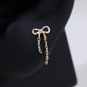 14K Solid Gold Bowknot Dangle Chain Flat Back Stud Bow Threadless Push Pin Earring Cartilage Helix Tragus Lobe Piercing Jewelry Gift For Her