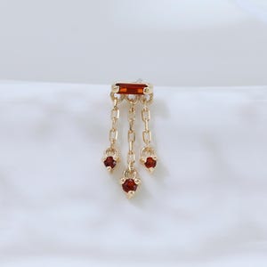 14K Solid Gold Garnet Triple Dangle Chain Stud Drop Gemstone Threadless Flat Back Earring Cartilage Helix Tragus Lobe Conch Piercing