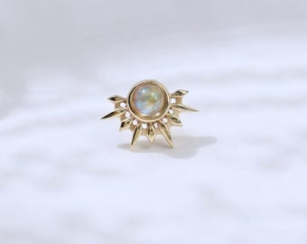 14K Solid Gold Moonstone Sunburst Earring Half Sun Gemstone Cartilage Helix Earlobe Labret Flat Back Stud Piercing Jewelry Handmade Gift