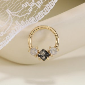 14K Solid Gold Black Hair Quartz Septum Ring Labradorite Hinged Clicker Seamless Nose Ring Gemstone Cartilage Earring Daith Huggie Hoop 16G