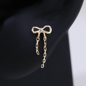 14K Solid Gold Bowknot Dangle Chain Flat Back Stud Bow Threadless Push Pin Earring Cartilage Helix Tragus Lobe Piercing Jewelry Gift For Her