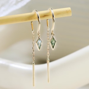 14K Solid Gold Moss Agate Kite Hook Line Earring London Blue Topaz Bar Threader Earring Gold Hook Ear Wire Ring  Fine Jewelry Gift For Her