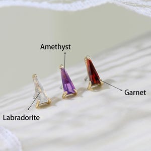 14K Solid Gold Labradorite Triangle Stud Earring Spiked Garnet Threadless Push Pin Geometric Amethyst Cartilage Helix Lobe Piercing Jewelry