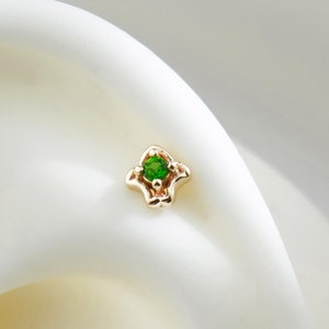 14K Solid Gold Leaf Chrome Diopside Hollow Out Earring Gemstone Cartilage Helix Earlobe Push Flat Back Stud Handmade Piercing Gift