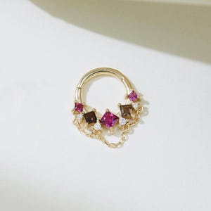 14K Solid Gold Rhodolite Garnet Smoky Quartz Moissanite Triple Chain Dangle Hinged Clicker Gemstone Nose Septum Ring Cartilage Daith Earring