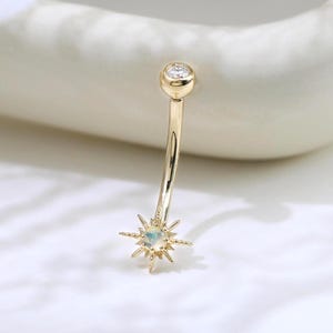 14K Solid Gold Starburst Opal Rook Earring Star Moissanite Eyebrow Ring Gemstone Curved Barbell Rook Ring Internal Threaded Piercing 16g