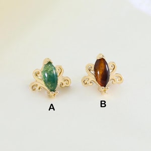 14K Solid Gold Moss Agate Tiger Eye Stud Earring Flower Shape Dainty Piercing Jewelry Gemstone Threadless Push Stud Cartilage Earlobe Labret
