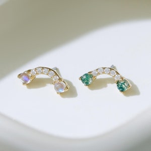 14K Solid Gold Moss Agate Moonstone Moissanite Arc Earring Delicate Gemstone Cartilage Earlobe Push Back Stud Piercing Jewelry Gift for Her