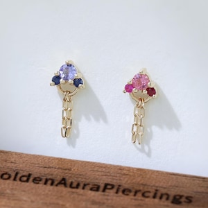 14k Solid Gold Tanzanite Blue Sapphire Dangle Chain Earring Pink Tourmaline Ruby Drop Chain Stud Cartilage Helix Earlobe Flat Back Stud
