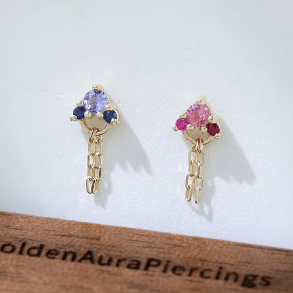 14k Solid Gold Tansanit blauer Saphir baumeln Kette Ohrring rosa Turmalin Rubin Drop Kette Bolzen Knorpel Helix Ohrstecker flache Rückseite