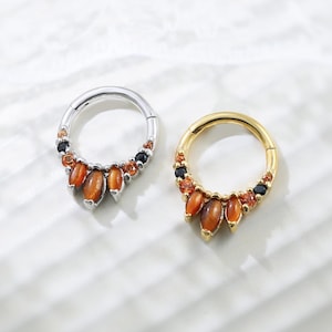 Aro para cartílago con bisagras y gemas de ojo de tigre, granate naranja, fanta, espinela negra, aro para nariz, aro Daith, anillo para tabique de plata, 16 g