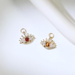 14K Solid Gold Evil Eye Garnet Charm Moissanite Tiger Eye Pendant Dainty Eye Piercing Gemstone Charm Connector for Cartilage Helix Earring