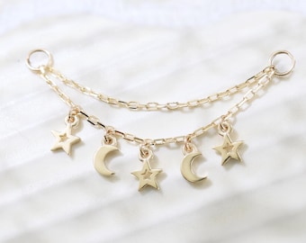 14K Solid Gold Moon & Star Dangle Nose Chain Minimalist Conch Helix Cartilage Piercing Chain Celestial Jewelry Dainty Ear Jacket Attachment