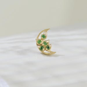 14K Solid Gold Tsavorite Crescent Moon Stud Earring Celestial Jewelry Gemstone Threadless Push Pin Dainty Cartilage Helix Lobe Piercing
