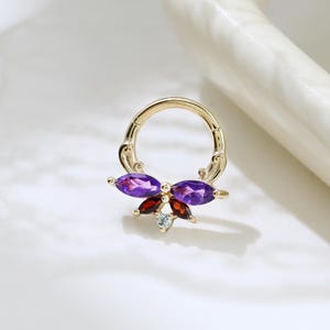 14K Solid Gold Butterfly Amethyst Hoop Earring Flower Garnet Septum Ring Swiss Blue Topaz Cartilage Daith Clicker Gemstone Septum Ring 16g