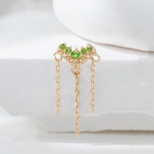 14K Solid Gold Triple Chain Dangle Chrome Diopside Earring Delicate Geometric Gemstone Chain Drop Push Back Earring Cartilage Helix Stud