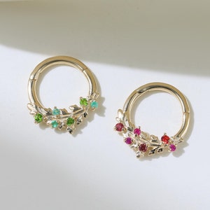 Anel de nariz com dobradiça em folha de safira laranja rubi 14K, cromado, diópsido, crisoprase, pedra preciosa, cartilagem, argola daith, septo