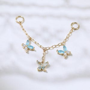 14K Solid Gold Butterfly London Blue Topaz Chain Connector Gemstone Dangle  Nose Chain Animal Motif Pattern Cartilage Piercing Accessory