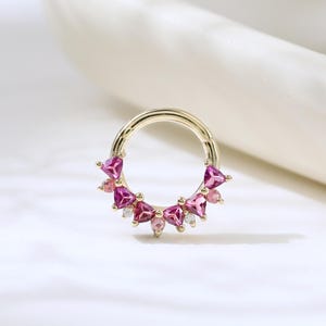 14K Solid Gold Rhodolite Garnet Hoop Earring Pink Tourmaline Septum Ring Moissanite Cartilage Daith Hoop Clicker Gemstone Septum Ring 16g