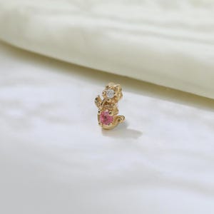 14K Solid Gold Pink Tourmaline Flower Earring Floral Moissanite Stud Tiny Gemstone Cartilage Helix Earlobe Piercing Threadless Jewelry