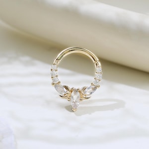 14K Solid Gold Labradorite Hinged Clicker Spike Moissanite Nose Ring Clear Gemstone Cartilage Daith Hoop Earring Septum Ring 16g Piercing