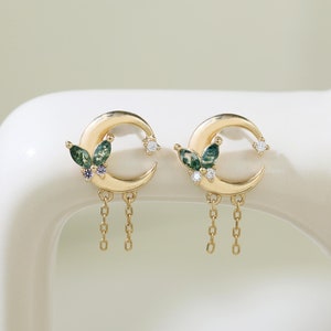 14K Solid Gold Crescent Moon Butterfly Moss Agate Dangle Double Chain Earring Elegant Gemstone Drop Stud Earlobe Cartilage Push Back Earring
