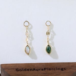 14K Solid Gold Marquise Moss Agate Opal Dangle Chain Charm Gemstone Chain Drop Pendant Cartilage Helix Rook Hoop Clicker Charm Piercing Gift
