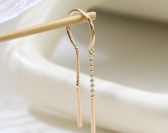 14k Solid Gold Dangle Bead & Box Chain Hook Line Earring, Bar Pull-Through Threader Piercing