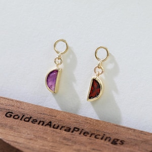 14K Solid Gold Amethyst Garnet Half Circle Charm Semicircle Gemstone Dangle Clicker Charm Cartilage Helix Rook Tragus Hoop Charm Piercing