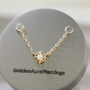 14K Solid Gold Star Moissanite Circle Hollow Chain Attachment Moissanite Dangle Ear Jacket Chain Celestrial Jewelry for Cartilage Helix