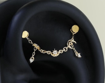 14K Solid Gold Crescent Moon & Star Moissanite Chain Attachment Sparkling Moissanite Dangle Ear Jacket Chain Charm for Cartilage Earring