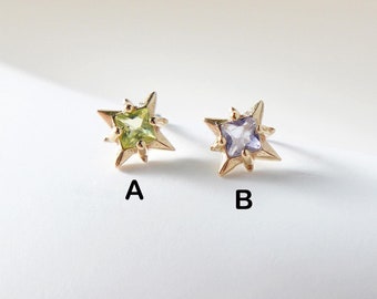 14K Solid Gold Peridot Iolite Stud Earring Celestial Star Sun Starburst Earring Piercing Gemstone Push Back Earring Tiny Cartilage Stud