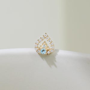 14K Solid Gold Swiss Blue Topaz Heart Hollow Earring Moissanite Love Heart Stud Cartilage Earlobe Piercing Gemstone Threadless Jewelry