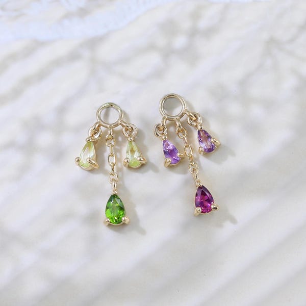 Charm de oro macizo de 14 quilates con diópsido cromado, amatista, peridoto, rodolita y granate, charm triple colgante con cierre de clic, charm para cartílago y hélix.